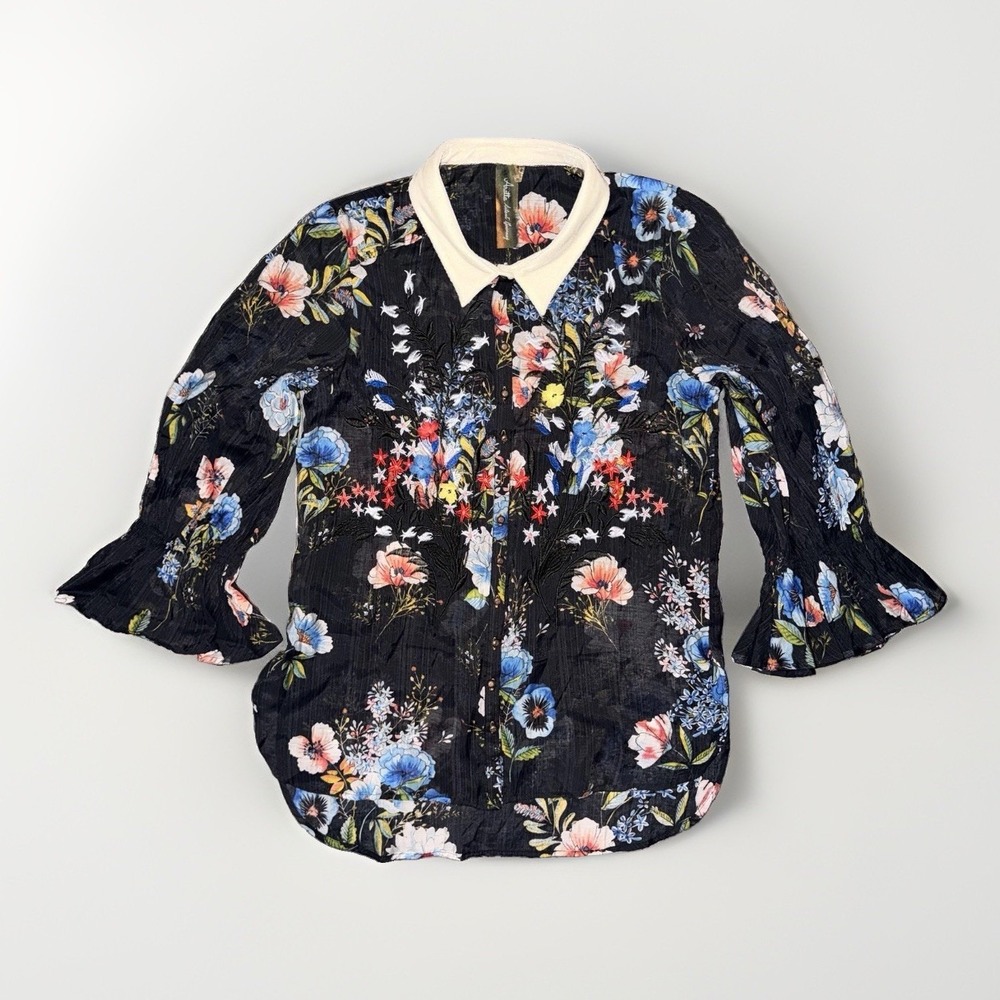 Aratta Silent Journey Shirt Womens M Floral Embroidered Button Front Blouse Boho